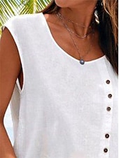 abordables Chemises-Débardeur camisole femme uni hawaïen basique sans manches col rond coton lin gilet décontracté week-end boutons noir blanc bleu vert