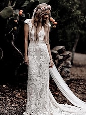 economico abiti da sposa casual-Matrimonio sulla spiaggia Abito da sposa semplice boho Abito sirena Scollatura a V Manica a cappuccio Treno corto Pizzo Abiti da sposa con applicazioni di colore solido 2025