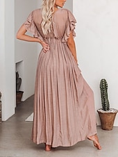 abordables Robes décontractées blanches-robe soirée Robe casual Robe Évasée Femme robe longue Couleur monochrome Mode Décontractées Extérieur du quotidien Vacances A Volants Dos Nu Manche Courte Col V Robe Ample Vert militaire Blanche Rouge