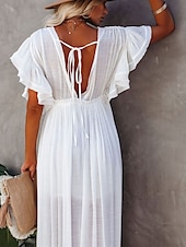 abordables Robes décontractées blanches-robe soirée Robe casual Robe Évasée Femme robe longue Couleur monochrome Mode Décontractées Extérieur du quotidien Vacances A Volants Dos Nu Manche Courte Col V Robe Ample Vert militaire Blanche Rouge