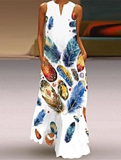 tanie Sukienka Sztuka i Design-Sukienka maxi damska sukienka codzienna sukienka wzorzysta casualowa na świeżym powietrzu wakacje urlop regularny krój pióra bez rękawów dekolt w kształcie litery V biała niebieska ciemnoniebieska