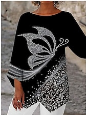 economico Animali Tops-Blusa da donna Chiffon Basic con stampa di farfalle maniche lunghe maglie regolari girocollo casual bianca grigia primavera autunno