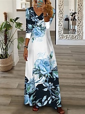 billige Blomsterkjole-Kjolen Maxi Casual Kjole Blomstertrykk V-Hals Maxi Lang Kjole Casual Daglig Ferie 3/4 Langt Erme Sommer Vår