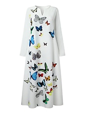 cheap Art&amp;Design Dress-Women&#039;s Maxi Dress  Shift Dress Swing Dress Long Dress Green Blue Grey White Black Long Sleeve Feather Butterfly Pocket Print Summer Spring V Neck Stylish Casual Dress 2023 S M L XL XXL XXXL 4XL 5XL