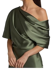 preiswerte GRÜN-Etui Kleid Mutter der Braut Hochzeitsgast Formelles Abendkleid Elegante Party Schulterfrei Zug-Länge Satin Halbelängliche Ärmel mit Raffung.