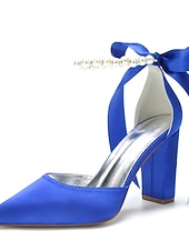 economico Damigella d&amp;#39;onore-Scarpe da sposa con tacco a blocco, cinturino alla caviglia, punta a punta, da damigella d'onore in raso avorio con fiocco e cinturino alla caviglia
