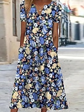 billige Blomsterkjole-Dame Midi Kjole Shift Kjole Blomster Lomme Print V-hals Ferie Korte Ermer Sommer Vår