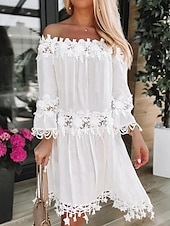 preiswerte Kleider für die Arbeit-Damen Midikleid Weißes Kleid Spitzenkleid Etuikleid Sommerkleid Modisch Basic Modern Outdoor Urlaub Täglich Lockere Passform Glatt 3/4 Ärmel Schulterfrei Weiß Sommer Frühling
