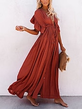 abordables Robes décontractées blanches-robe soirée Robe casual Robe Évasée Femme robe longue Couleur monochrome Mode Décontractées Extérieur du quotidien Vacances A Volants Dos Nu Manche Courte Col V Robe Ample Vert militaire Blanche Rouge