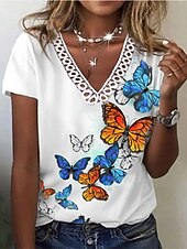 baratos Camiseta floral-Mulheres Camiseta Floral Geométrica Branco Rosa Azul Renda Imprimir Manga Curta Casual Diário Básico Decote V Normal