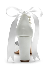 economico Damigella d&amp;#39;onore-Scarpe da sposa con tacco a blocco, cinturino alla caviglia, punta a punta, da damigella d'onore in raso avorio con fiocco e cinturino alla caviglia