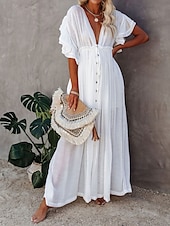abordables Robes décontractées blanches-robe soirée Robe casual Robe Évasée Femme robe longue Couleur monochrome Mode Décontractées Extérieur du quotidien Vacances A Volants Dos Nu Manche Courte Col V Robe Ample Vert militaire Blanche Rouge