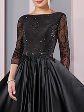 baratos Comprimento do chão-Vestido A-Line para Mãe da Noiva Convidada Formal Festa Elegante Decote Redondo Comprimento Chá Renda de Cetim Manga 3/4 com Cinto  Fita tamanho personalizado gratuito.