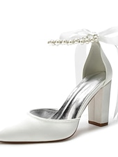 economico Damigella d&amp;#39;onore-Scarpe da sposa con tacco a blocco, cinturino alla caviglia, punta a punta, da damigella d'onore in raso avorio con fiocco e cinturino alla caviglia