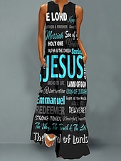 preiswerte Humor &amp; Zitate Kleid-Damen Maxi-Kleid Kreuz Freizeitkleid Schwingkleid Druckkleid Brief Freizeit Urlaub Strand Tasche Druck Ärmellos V-Ausschnitt Kleid Lockerer Schnitt Schwarz Weiß Grün Frühling