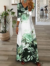 billige Blomsterkjole-Kjolen Maxi Casual Kjole Blomstertrykk V-Hals Maxi Lang Kjole Casual Daglig Ferie 3/4 Langt Erme Sommer Vår