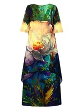 お買い得  花柄のドレスを印刷する-女性用カジュアルドレス スイングドレス ロングドレス マキシドレス グリーン ブルー カーキ 長袖 アニマルポケット 春 夏 Vネック 春ドレス 週末 ルーズフィット 2023 s m l xl xxl 3xl 4xl