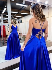 baratos Vestidos Baile Formatura-Vestidos de Formatura em A Vestido Império Convidada de Casamento Formal Cauda de Corte Sem Mangas Decote em V Cetim Costas Descobertas com Irmandade Aplicações 2025