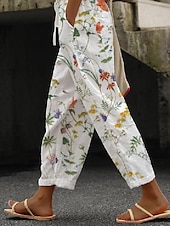 levne kalhoty s rovnými nohavicemi-Dámské bavlněné lněné kalhoty volné kalhoty lněné jako vintage neformální ankle-length květinové s tkaničkou boční kapsy potisk pohodlí neelastické volné každodenní bílé léto jaro podzim regular fit