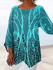 abordables Hauts Floraux-Blouse femme chiffon basique quotidienne à feuilles imprimé manches longues hauts longs col rond décontracté vacances bleu vert gris automne  hiver