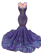 preiswerte SCHWARZ-Schwarzes Meerjungfrau Abendkleid Pailletten Elegantes Kleid Karneval Formal Gericht Zug Ärmellos Illusionshals Afroamerikanisches Maskenkleid