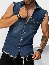cheap Men&#039;s Button Up Shirts-Men&#039;s Summer Shirt Button Up Shirt Denim Shirt Black Blue Sleeveless Plain Turndown Vacation Daily Denim Clothing Apparel Polyester Fashion Casual Comfortable