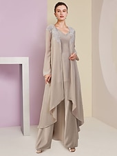 baratos Terninhos de calça da mamãe-Macacão/Pantalona para Casamento na Praia 3 Peças Mãe da Noiva Convidada de Casamento Formal Elegante Decote V Comprimento até o Chão Chiffon Renda Sem Mangas Envolvente Inclusa com Apliques de
