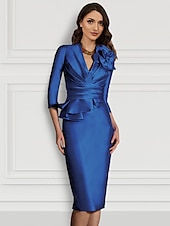 ieftine Lungimea ceaiului-Rochii cocktail tip shifon Rochie elegantă formală Invitat de nuntă Lungime la genunchi Mâneca 3/4 Decolteu în V Nuntă de toamnă Invitată de nuntă Saten cu floare în umerii căptușeală Rochie de Derby