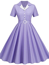 levne Šaty-Retro 50. léta Rockabilly Ke kolenům Houpací šaty Flare šaty Košilové šaty S páskem Pléd Dámské Karneval Plesová maškaráda Čajový dýchánek Běžné / Denní Retro tematická párty Dospělé Šaty Jaro léto