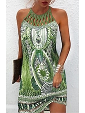 billige Boho-kjoler-Dame Mini kjole Uformell kjole Etnisk kjole Boho-kjole Halter Neck kjole Mote Klassisk Fritid Feriereise Daglig Ferie Normal Geometrisk Trykt mønster Ermeløs Crew-hals Grimehals Svart Blå Grønn