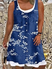 billiga Plusstorlekskollektion-kvinnors plus size kurva casual klänning tankklänning blommig midiklänning ärmlös knapp falsk tvådelad u-halsmode utomhusblå himmelsblå sommar vår l xl xxl 3xl 4xl
