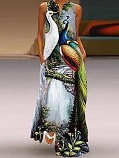 cheap Print Floral Dresses-Women&#039;s Peacock Feather Animal Casual Dress Long Dress Maxi Dress Shift Dress Summer Dress Casual Outdoor Daily Weekend Pocket Print Sleeveless V Neck Dress Regular Fit White Yellow Red Spring Summer