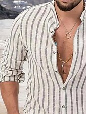 economico Camicie di lino-Per uomo Maglietta informale Camicia estiva Camicia da spiaggia Bianco Rosa Blu Manica lunga A strisce Colletto Primavera estate Hawaiano Per eventi Abbigliamento Stampa