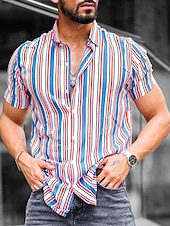 economico camicia da uomo con bottoni-Per uomo Camicia Camicia Estiva Camicia casual Camicia con Bottoni Camicie a righe Rosa Manica Corta A righe Collo ripiegato Vacanza Quotidiano Stampato Abbigliamento Cotone Misto Cotone Moda Casual