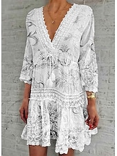 ieftine Rochii Albe din Dantela-Pentru femei Rochie de schimb Rochie Mini Negru Alb Roz Îmbujorat Lungime Manșon 3/4 Floral Imprimeu Vară Primăvară În V Vacanță 2023 S M L XL XXL 3XL 4XL