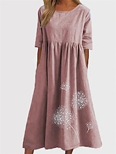 economico abiti stampati in cotone e lino-Per donna Verde militare Nero Rosa Estate Primavera Autunno Abito maxi Abiti in cotone e lino Vestito Casual Abito a tunica Essenziale Casual Maturo All&#039;aperto Vacanza Quotidiano Vestibilità comoda