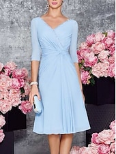 economico Con giacca-Abito A-Line madre della sposa ospite di matrimonio abito elegante festa petite scollo a V lunghezza al ginocchio in chiffon pizzo maniche 3/4 con arricciature colore solido taglia personalizzata