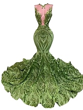 preiswerte SCHWARZ-Schwarzes Meerjungfrau Abendkleid Pailletten Elegantes Kleid Karneval Formal Gericht Zug Ärmellos Illusionshals Afroamerikanisches Maskenkleid
