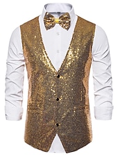 economico Costumi da Palco-Gilet classico da uomo in paillettes vestibilità su misura scollo a V monopetto a tre bottoni argento nero borgogna