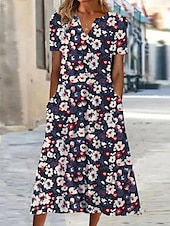 economico Abito Floreale-Per donna Abito Midi Abito a Tubino Abito Estivo Abito Stampato Attivo Moda Streetwear All&#039;aperto Vacanza Data Vestibilità regolare Floreale Manica Corta Scollo a V Blu Verde Grigio Estate Primavera