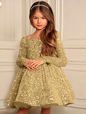cheap Flower Girl Dresses-Kids Little Girls&#039; Dress Solid Colored A Line Dress Sequins Ruched Yellow Red Knee-length Long Sleeve Cute Sweet Dresses Winter Fall Regular Fit 3-12 Years / Satin