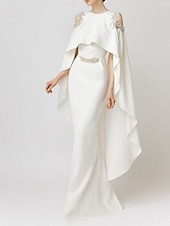 abordables BLANC-Robe de soirée sirène robe élégante invitée de mariage formelle longueur de sol sans manches col bijou capes chiffon extensible avec appliqués