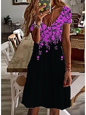 billiga Blommig klänning-Kvinnors Mini Klänning Petite Klänning T Shirt Klänning Tee Klänning Sommarklänning A-Line Klänning Söt Utomhus Semester Födelsedag Regular Fit Blommig Kort Ärmar V-Hals Svart Vit Rosa Vin Sommar