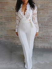 preiswerte Party-Overalls-Damen Normal Jumpsuit Elegant Feste Farbe Langarm V Ausschnitt Spitze Hohe Taillenlinie Hochzeit Party Regular Fit Weiß Sommer
