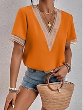 preiswerte Spitzenoberteile-Damen Weiße Elegante Spitzen Tops Loch Bluse T-Shirt Burgunder Tee Schlichte Reguläre Tops Kurze Ärmel V-Ausschnitt Reguläre Passform Täglich Wochenende Romantische Petite Tops Sommer Urlaub Trag
