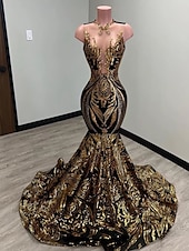 preiswerte SCHWARZ-Schwarzes Meerjungfrau Abendkleid Pailletten Elegantes Kleid Karneval Formal Gericht Zug Ärmellos Illusionshals Afroamerikanisches Maskenkleid