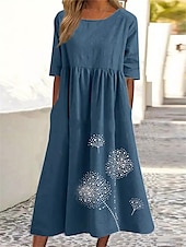 economico abiti stampati in cotone e lino-Per donna Verde militare Nero Rosa Estate Primavera Autunno Abito maxi Abiti in cotone e lino Vestito Casual Abito a tunica Essenziale Casual Maturo All&#039;aperto Vacanza Quotidiano Vestibilità comoda