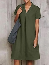 halpa design puuvilla- ja pellavamekot-Naisten Armeijan vihreä Taivaan sininen khaki Kesä Kevät Midimekko Puuvillaiset pellavamekot Rento mekko Muoti Moderni Vapaa-aika ulko- Loma Päivittäin Loose Fit Tavallinen V kaula-aukko