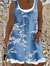 billiga Plusstorlekskollektion-kvinnors plus size kurva casual klänning tankklänning blommig midiklänning ärmlös knapp falsk tvådelad u-halsmode utomhusblå himmelsblå sommar vår l xl xxl 3xl 4xl