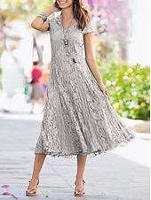 voordelige Thee Lengte-Strandbruiloft Sheath Moeder van de Bruid Jurk Bruiloft Gast Elegant Party Petite V-hals Thee Lengte Kant Korte Mouw met Plissee Effen Kleur gratis maatwerk